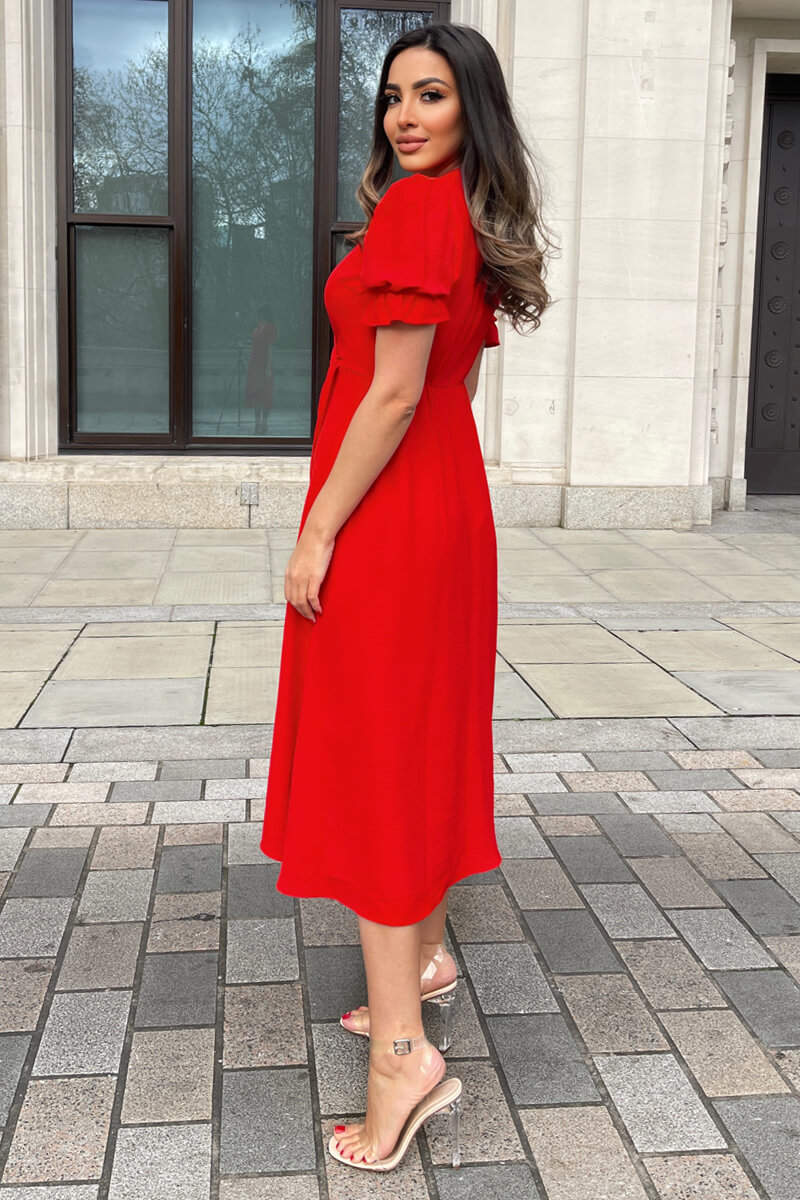 Red Wrap Side Tie Midi Dress