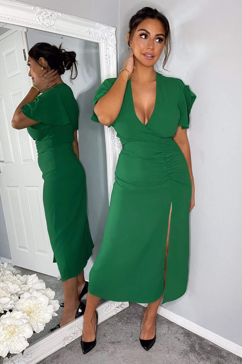 Green Ruched Split Leg Midi Dress – AX Paris