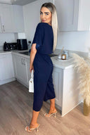 Navy Tie Waist Short Sleeve Culotte Jumpsuit