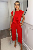 Red Frill Front Belted Jumpsuit