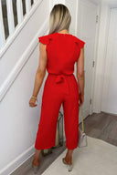 Red Frill Front Belted Jumpsuit