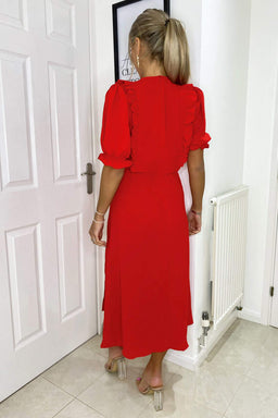 Red Ruffle Split Leg Midi Dress