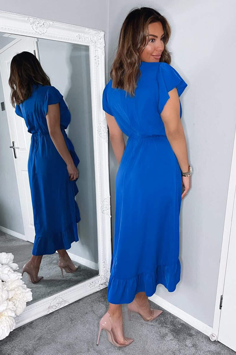 Blue Wrap Over Frill Hem Short Sleeve Midi Dress