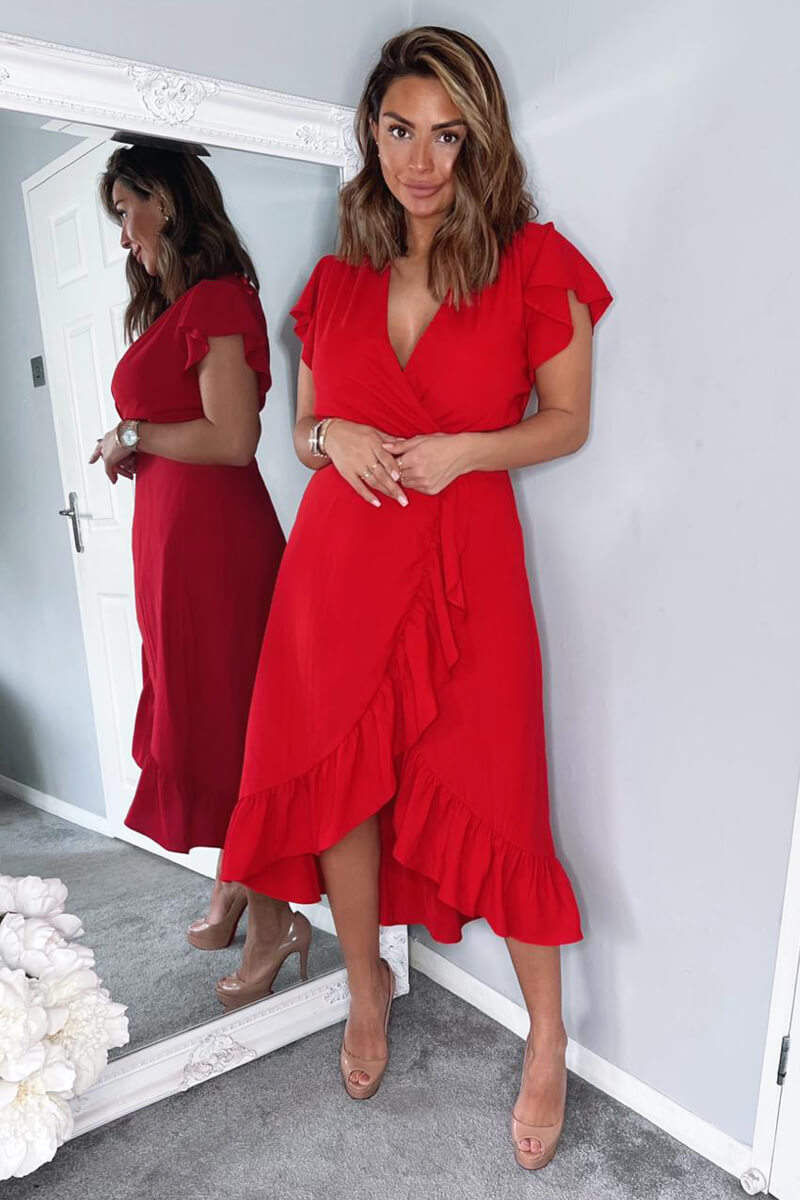 Red Wrap Over Frill Hem Short Sleeve Midi Dress