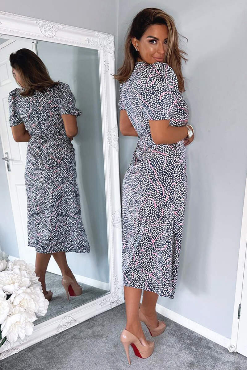 Navy White And Pink Printed Ruched Side Midi Dress