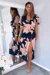 Navy And Blush Floral Print Bell Sleeve Midi Dress