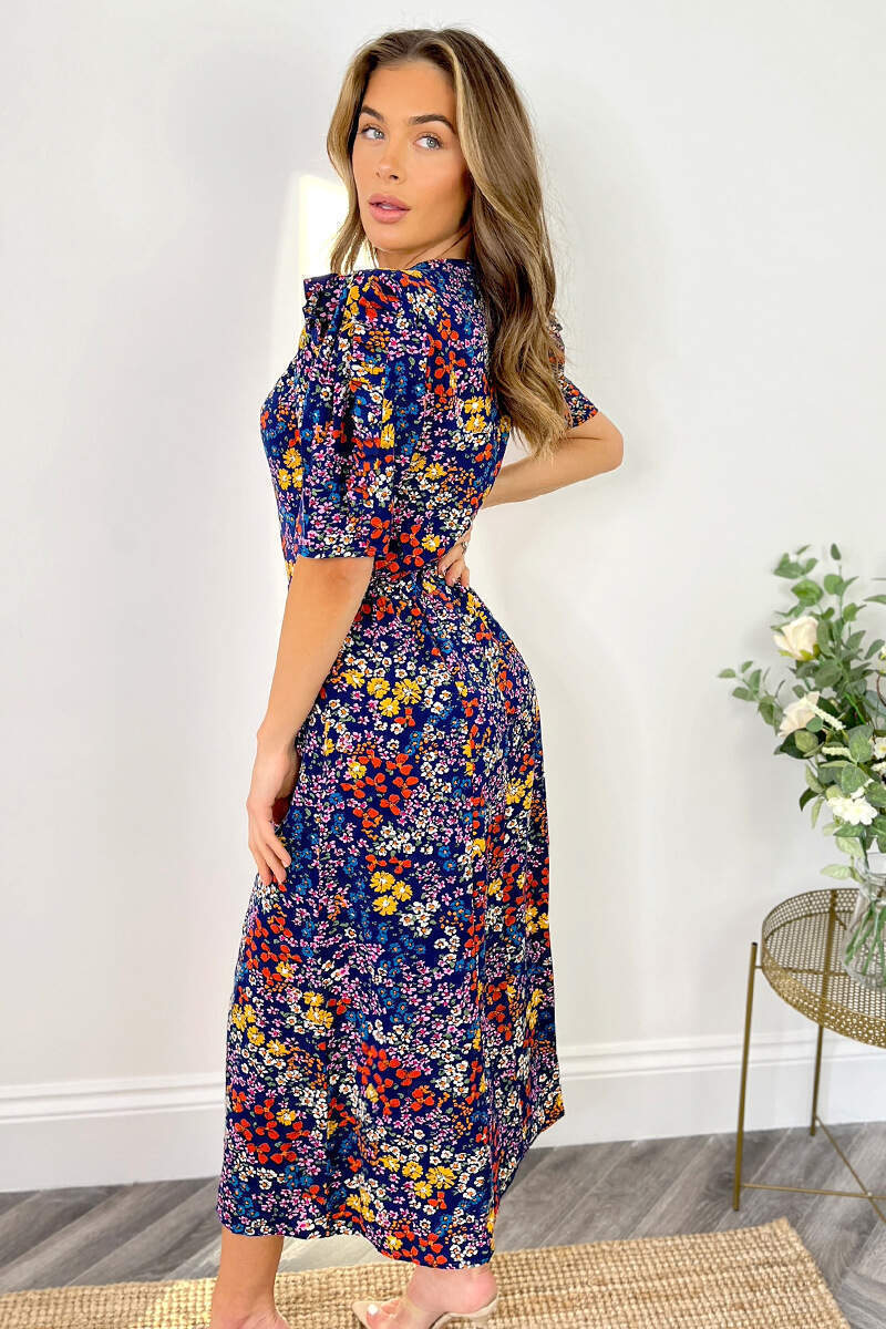 Blue Floral Pleated Sleeve Split Leg Midi Dress AX Paris Blue Floral Pleated Sleeve Split Leg Midi Dress AX Paris