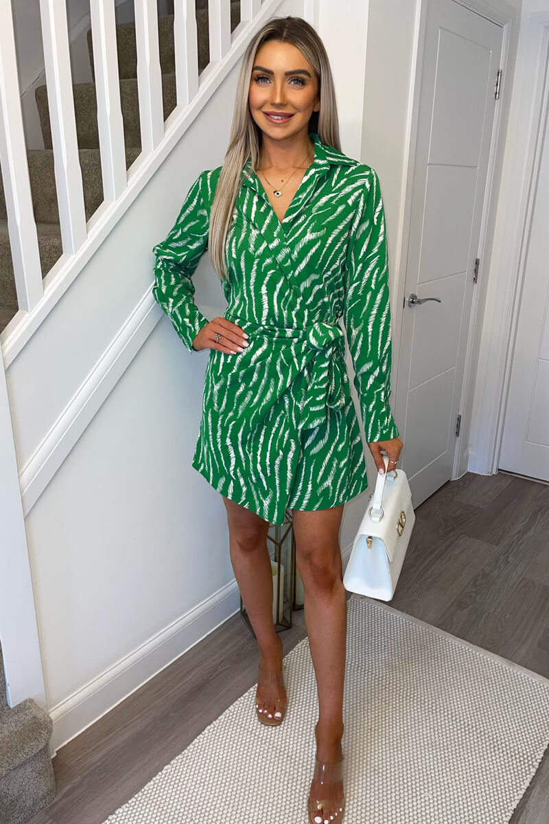 Green And White Animal Print Wrap Mini Dress AX Paris Green And White Animal Print Wrap Mini Dress AX Paris