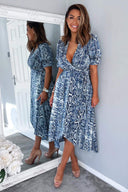 Blue Snake Print Tie Side Wrap Midi Dress