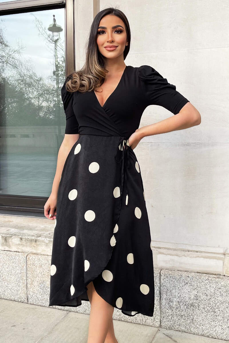 Black And Cream Polka Dot 2 in 1 Wrap Over Midi Dress – AX Paris Black And Cream Polka Dot 2 in 1 Wrap Over Midi Dress – AX Paris