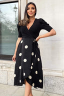 Black And Cream Polka Dot 2 in 1 Wrap Over Midi Dress