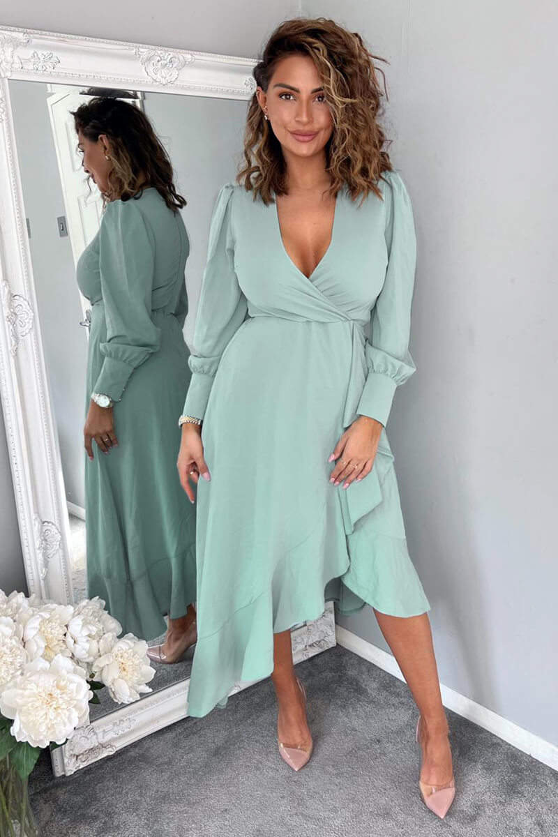 Duck Egg Long Sleeve Frill Wrap Midi Dress – AX Paris