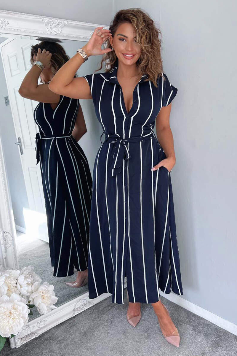 Maxi Navy And White Striped Dress Outfit POTETI Womens Dress Navy