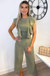 Khaki Frill Front Belted Jumpsuit