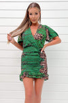 Green and Animal Print Ruched Mini Dress