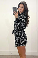 Black and White Printed Tie Wrap Long Sleeve Dress