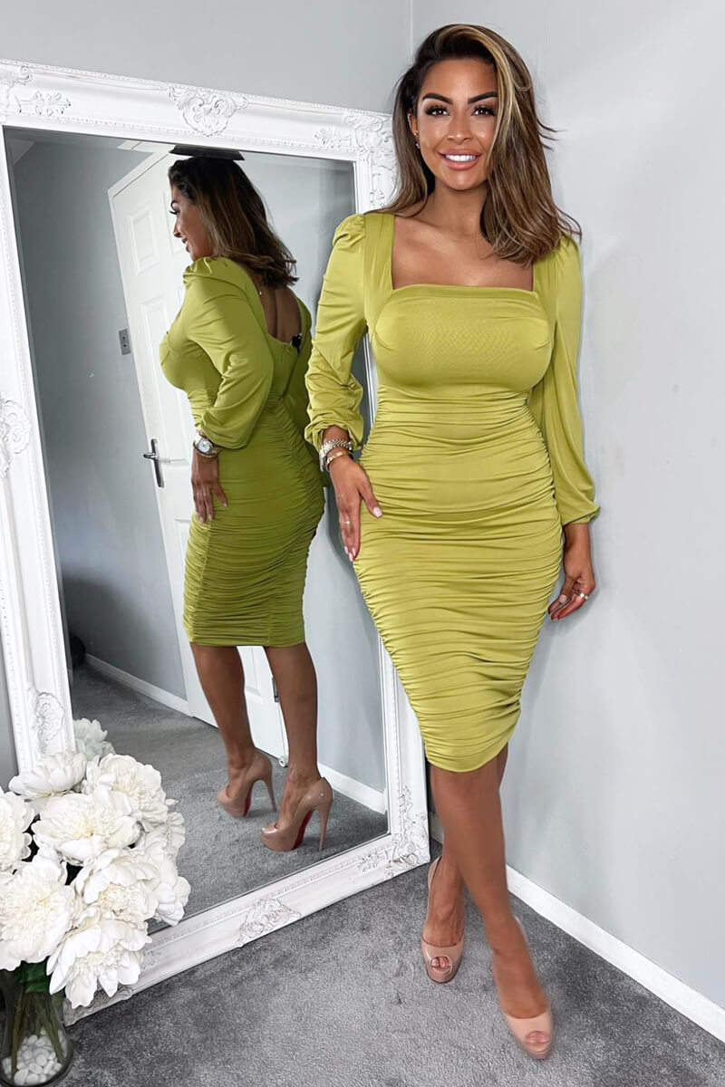 Lime Square Neck Ruched Long Sleeve Midi Dress – AX Paris