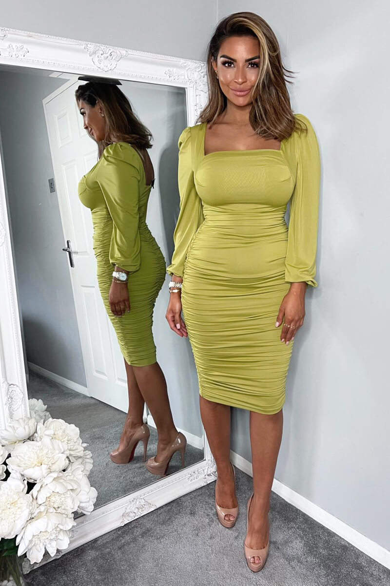 Lime Square Neck Ruched Long Sleeve Midi Dress