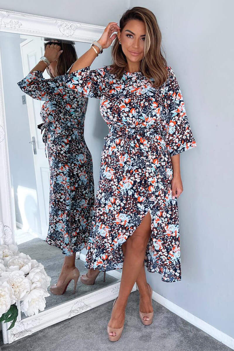 Navy Floral Wrap Tie Front Midi Dress