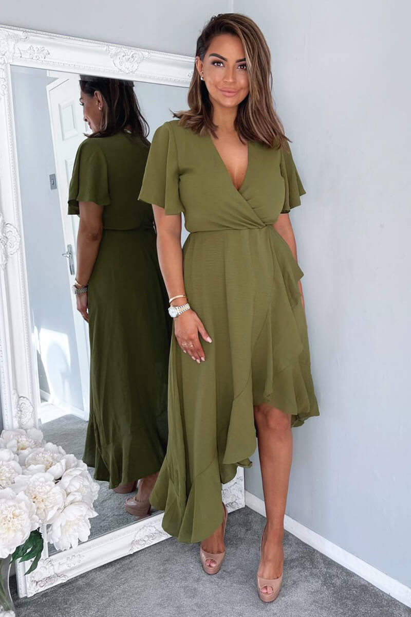 Olive Wrap Over Top Frill Hem Midi Dress AX Paris