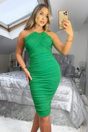 Green Ruched Midi Dress With Gold Chain Straps