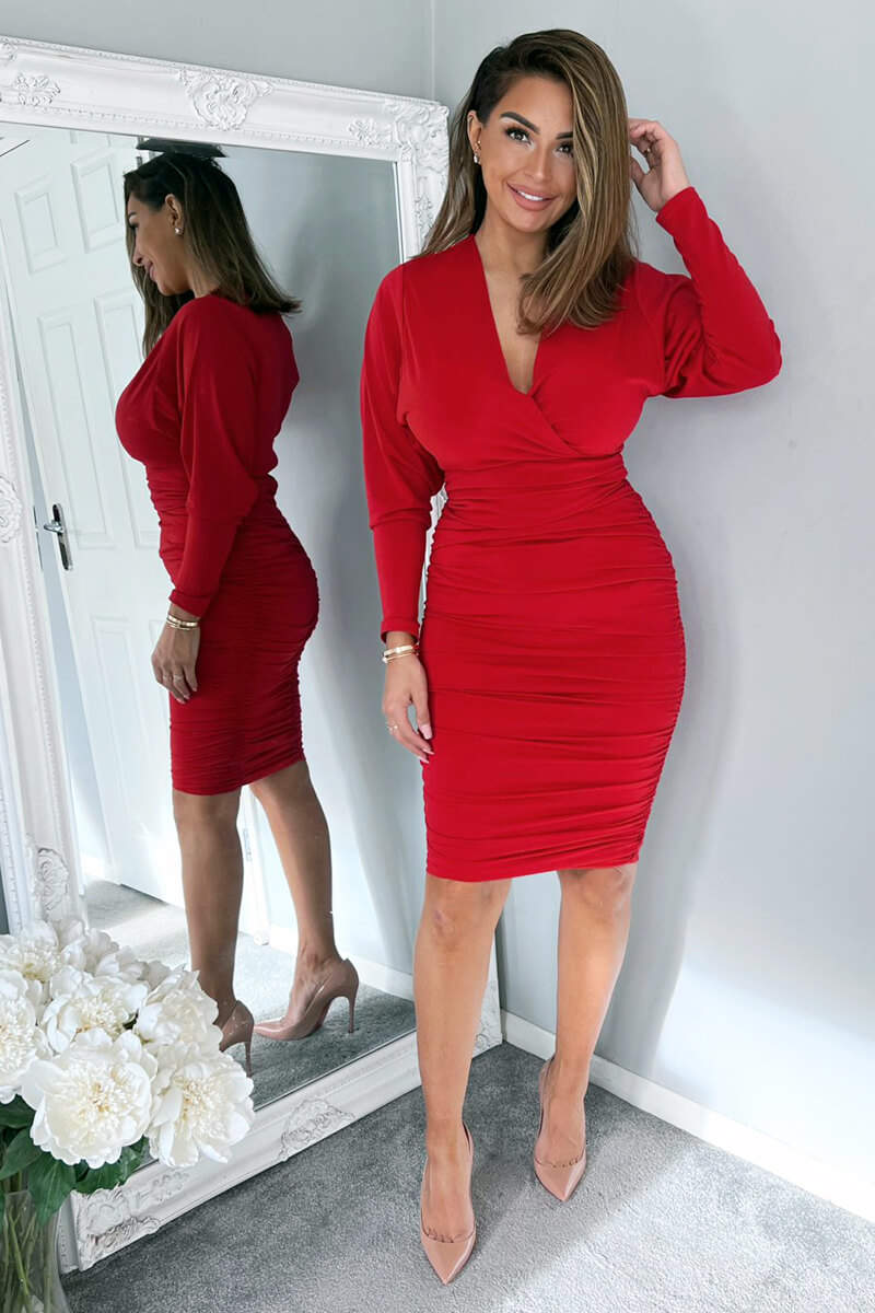 Red Ruched Wrap Top Midi Dress