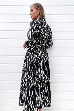 Black And White Printed Button Up Midi Shirt Dress