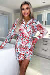 Red Cream And Blue Printed Gathered Side Wrap Over Dress