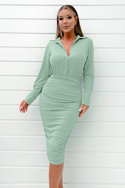 Duck Egg Bodycon Long Sleeve Shirt Dress