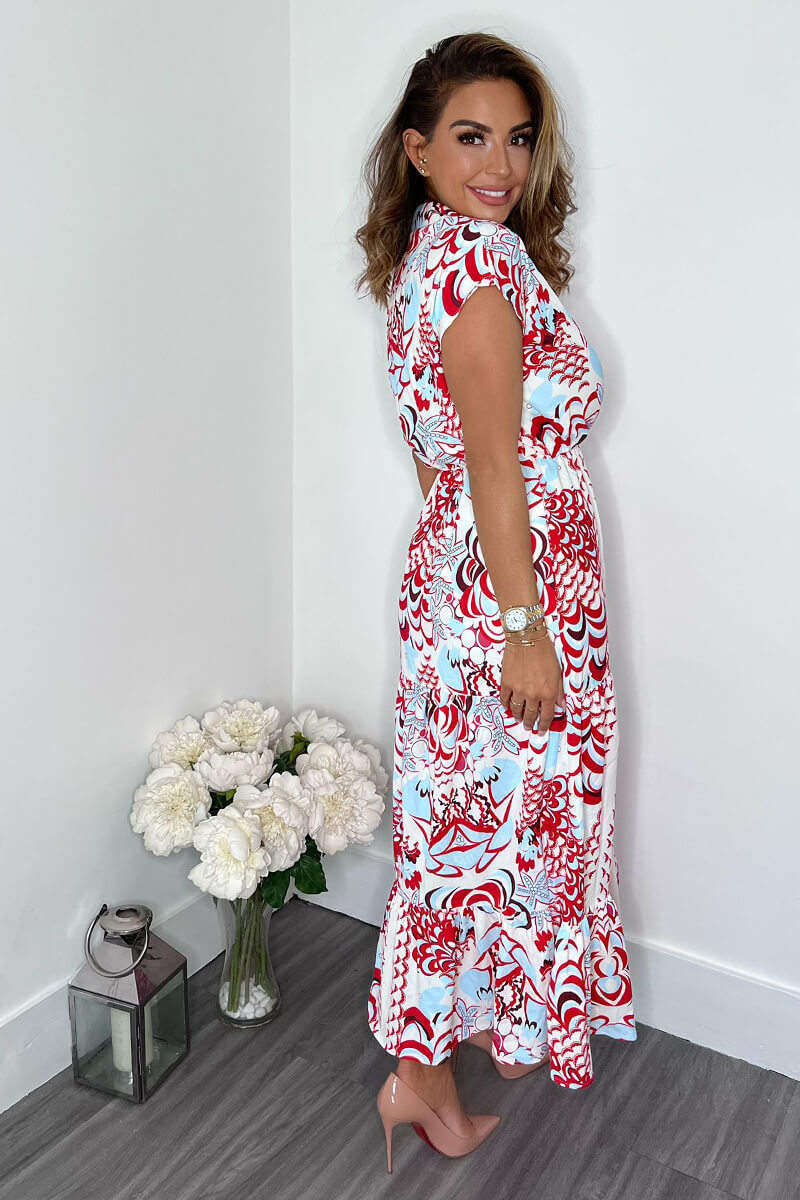 Red Cream And Blue Printed Maxi Smock Dress