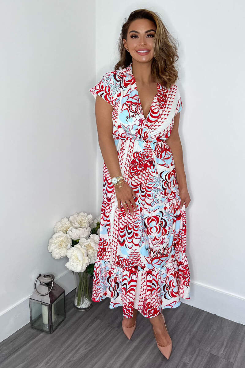 Red Cream And Blue Printed Maxi Smock Dress