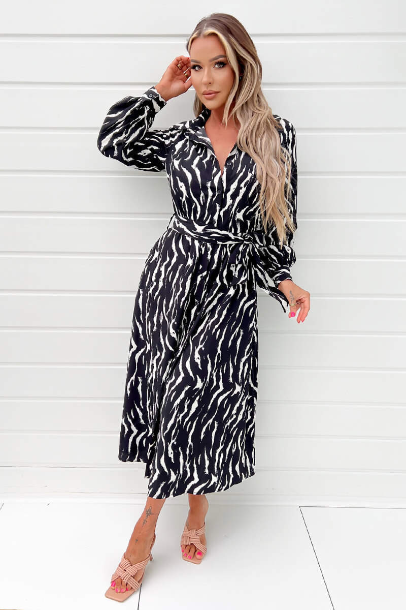 Black And White Printed Button Up Midi Shirt Dress AX Paris