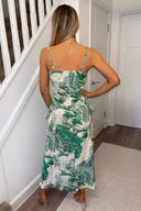 Green Marble Print Double Frill Strappy Midi Dress