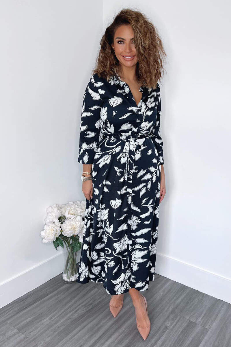 Navy And White Floral Printed Midi Shirt Dress AX Paris