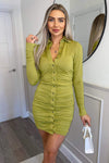 Lime Ruched Button Front Bodycon Dress