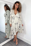 Stone Floral Printed Wrap Over Long Sleeve Dress