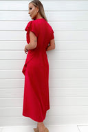 Red Frill Detail Double Split Skirt Midi Dress