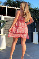 Red Floral Wrap Top Layered Frill Mini Dress
