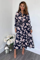 Navy And Pink Floral Button Up Midi Shirt Dress