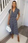 Navy and White Printed Wrap Over Frill Sleeve Jumpsuit