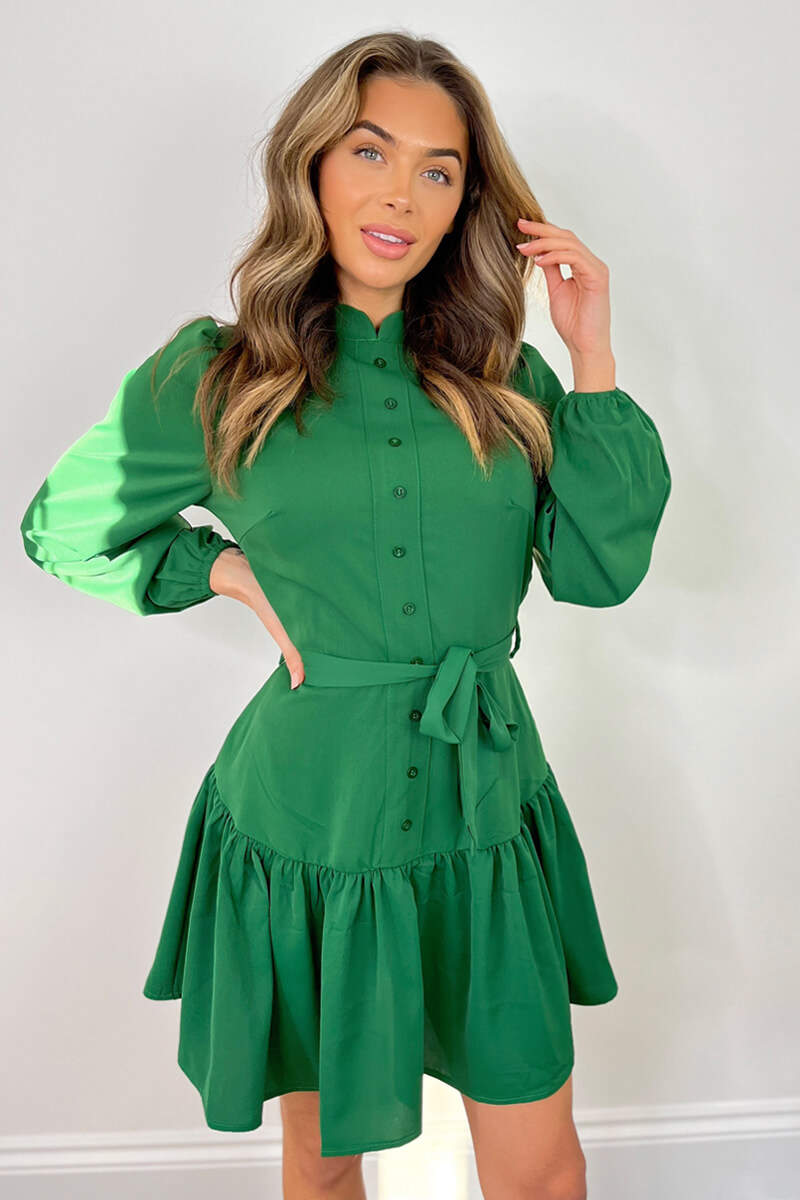Green High Neck Button Frill Hem