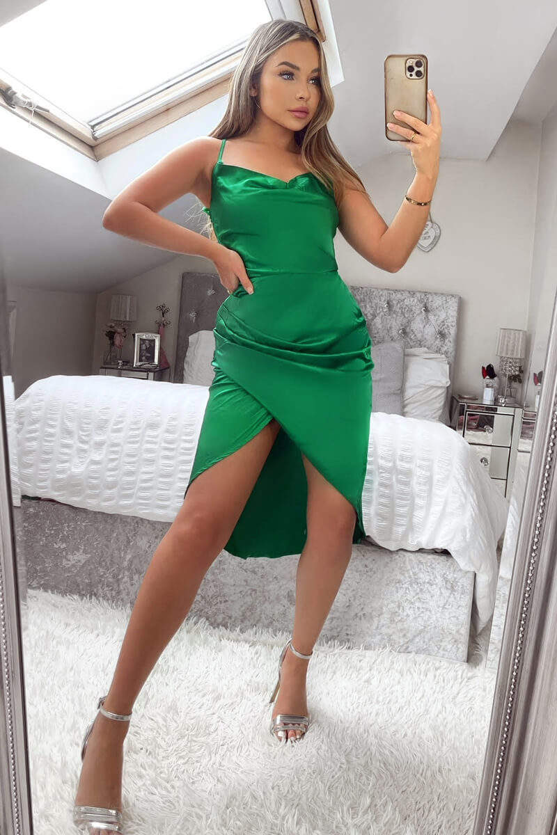 Jade Green Pleated Wrap Cowl Neck Satin Midi Dress