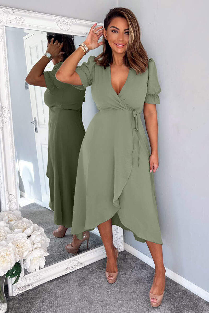 Khaki Wrap Side Tie Midi Dress AX Paris Khaki Wrap Side Tie Midi Dress AX Paris