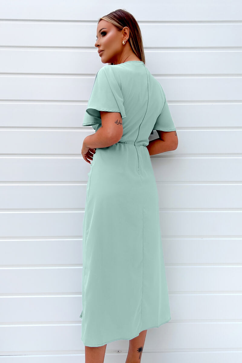 Duck Egg Ruched Split Leg Midi Dress