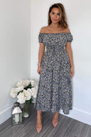 Navy Printed Elasticated Waist Bardot Midi Dress