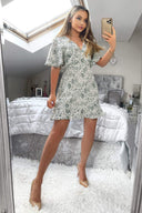 Cream And Green Printed Short Sleeve Day Dress