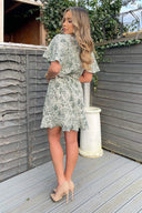 Cream And Green Printed Short Sleeve Day Dress