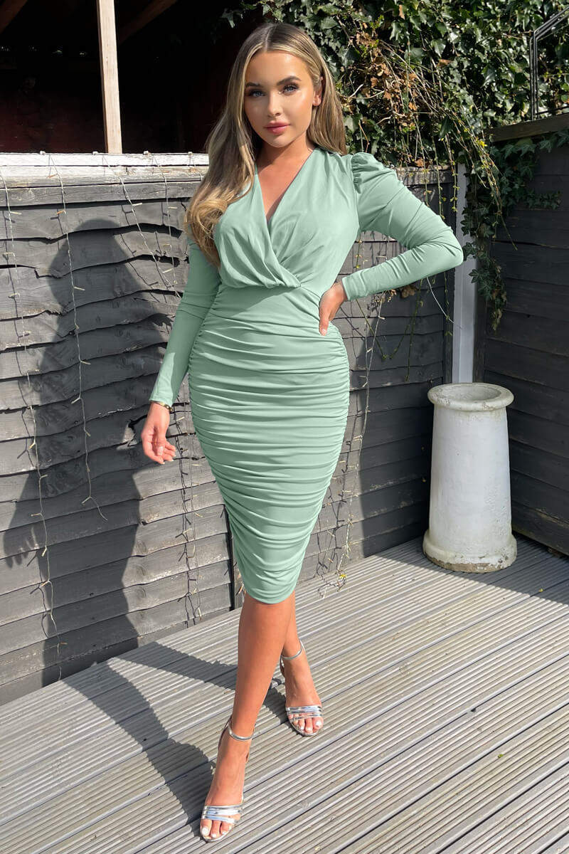 midi ruched dress with sleeves Duck Egg Ruched Long Sleeve Cross Front Midi Dress AX Paris midi ruched dress with sleeves Duck Egg Ruched Long Sleeve Cross Front Midi Dress AX Paris
