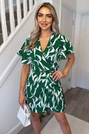 Green And White Printed Gathered Mini Dress