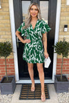 Green And White Printed Gathered Mini Dress